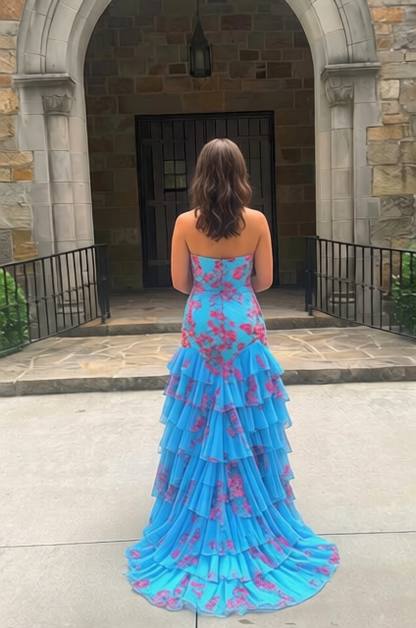 Mermaid Strapless Blue Floral Chiffon Tiered Prom Dresses