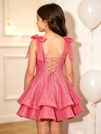 Girls Pink Sequin Flower Girl Dress with Bow Straps
