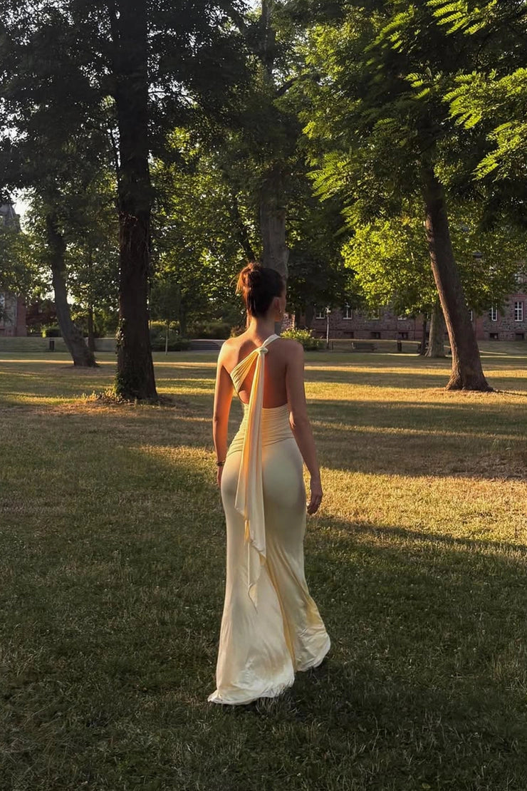 Mermaid One Shoulder Stretch Satin Long Soft Yellow Prom Dresses