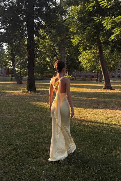 Mermaid One Shoulder Stretch Satin Long Soft Yellow Prom Dresses