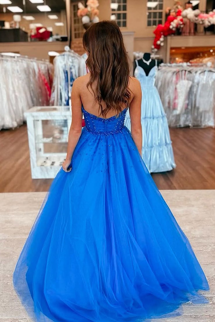 A Line Sweetheart Royal Blue Tulle Prom Dresses