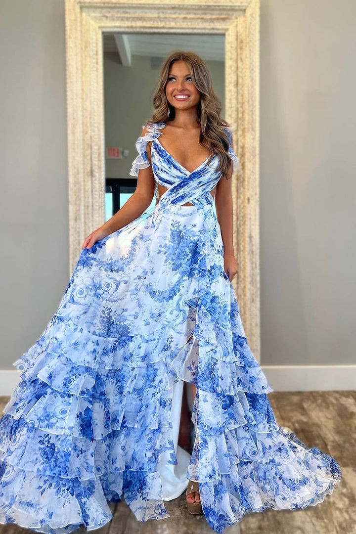 A Line V Neck Floral Printed Chiffon Long Prom Dresses