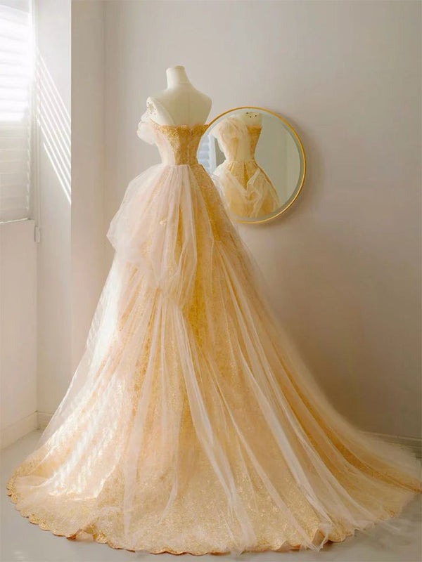 A-Line Tulle Long yellow Prom Dress,Evening Dresses