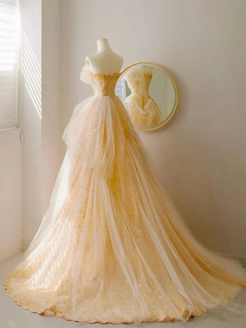 A-Line Tulle Long yellow Prom Dress,Evening Dresses