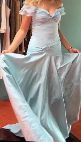 Off-the-shoulder Elegant A-Line Blue Chiffon Long Prom Dresses