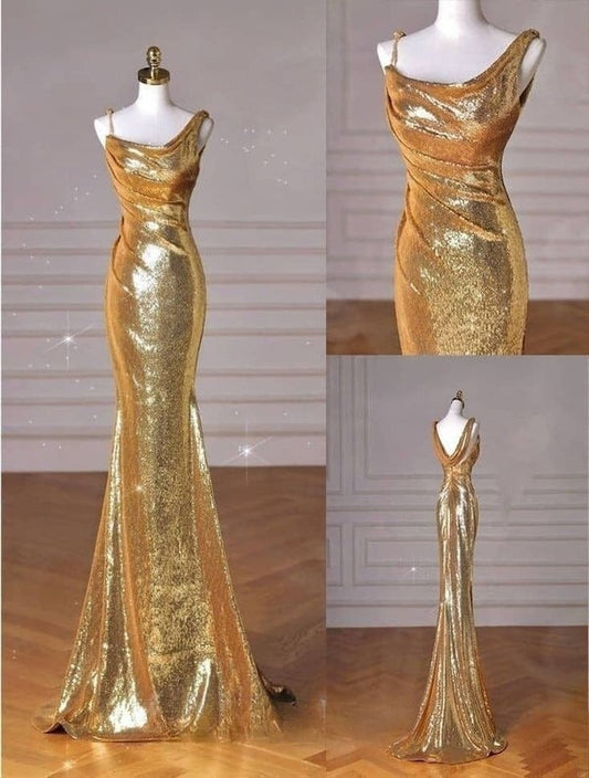 Gold Mermaid Long Sequin Prom Dresses