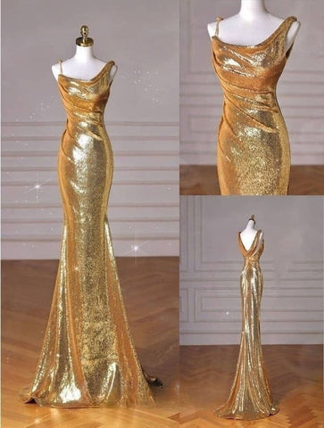 Gold Mermaid Long Sequin Prom Dresses