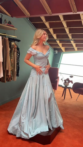 Off-the-shoulder Elegant A-Line Blue Chiffon Long Prom Dresses