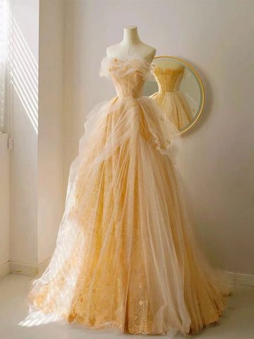 A-Line Tulle Long yellow Prom Dress,Evening Dresses