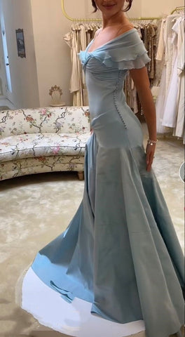 Off-the-shoulder Elegant A-Line Blue Chiffon Long Prom Dresses
