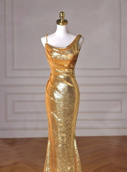 Gold Mermaid Long Sequin Prom Dresses