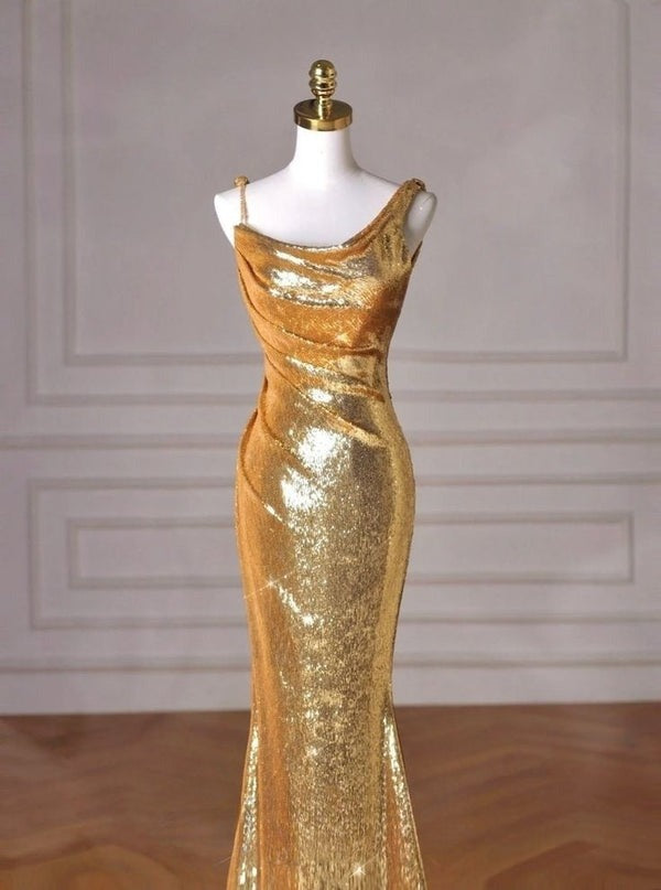 Gold Mermaid Long Sequin Prom Dresses
