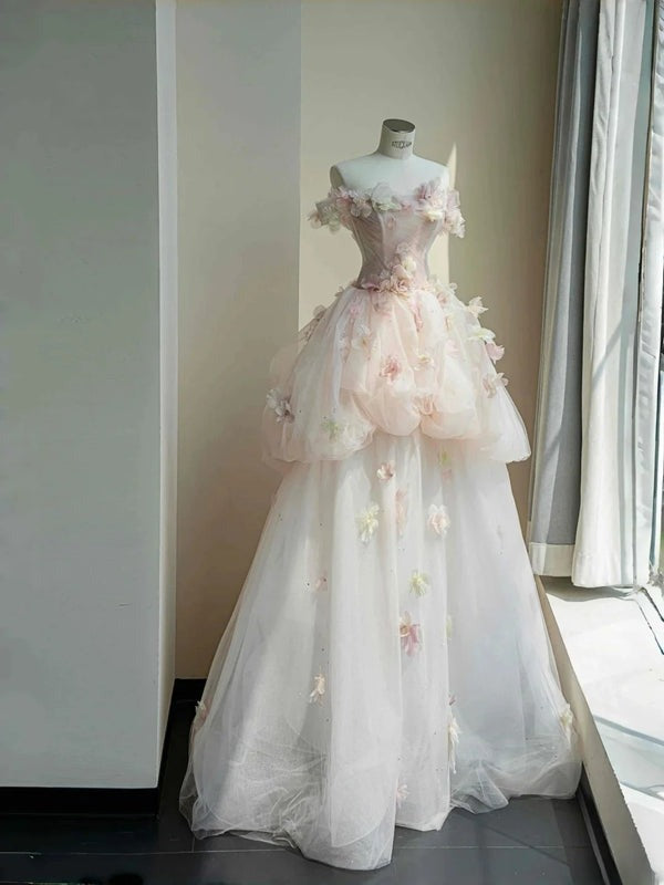 A Line Off Shoulder Tulle Long Prom Dress,Unique Evening Dresses
