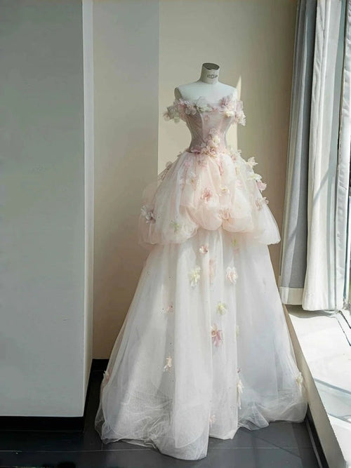 A Line Off Shoulder Tulle Long Prom Dress,Unique Evening Dresses