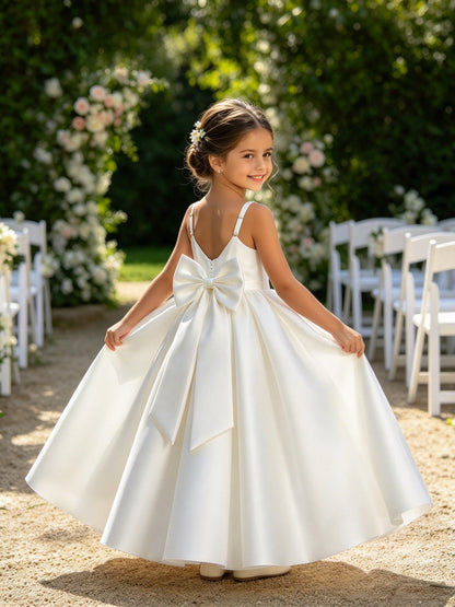 Girls White Satin Flower Girl Dress Sleeveless A-Line Ball Gown with Bow Back for Wedding and Formal Occasions