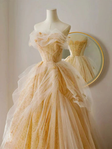 A-Line Tulle Long yellow Prom Dress,Evening Dresses