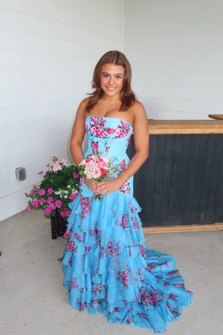 Mermaid Strapless Blue Floral Chiffon Tiered Prom Dresses