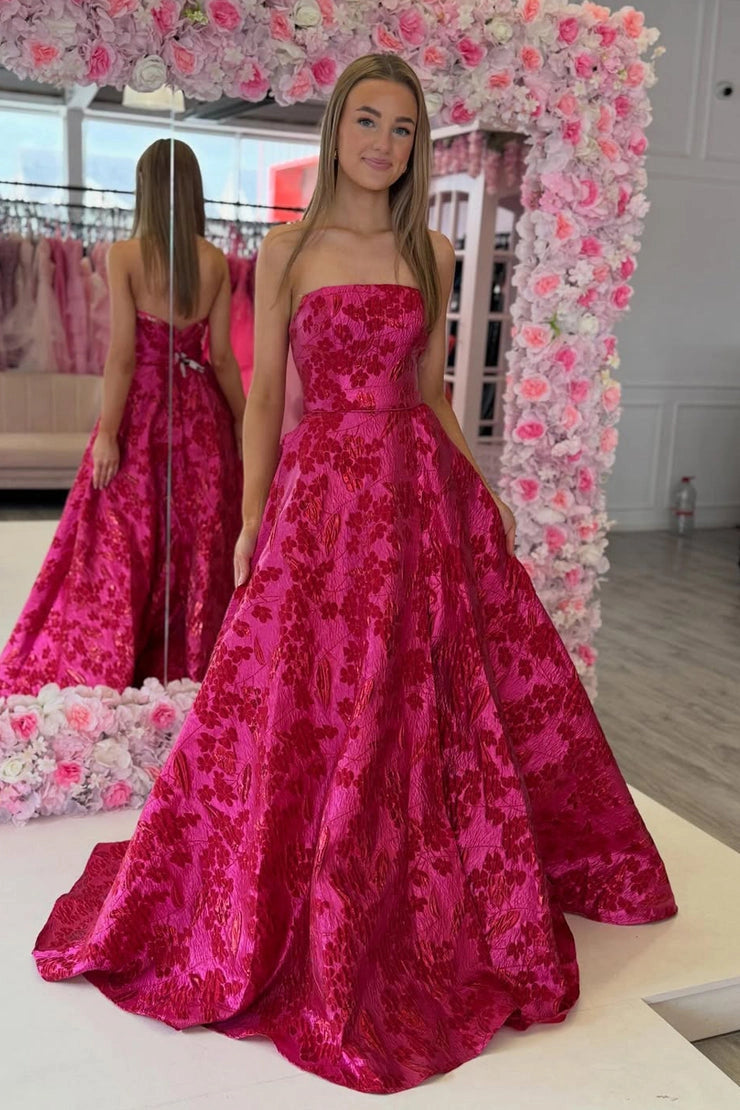 Strapless Red Jacqaurd Satin Ball Gown Prom Dresses with Pockets