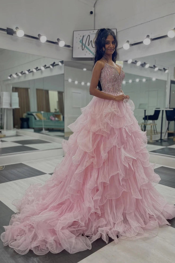 Ball Gown Light Pink Tulle V Neck Prom Dresses with Beading