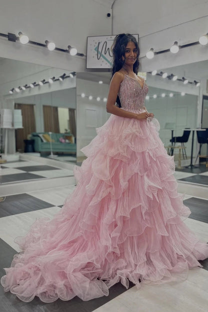 Ball Gown Light Pink Tulle V Neck Prom Dresses with Beading