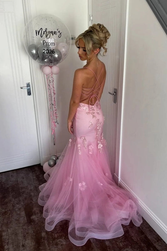 Scoop Neck Pink Tulle Mermaid Long Prom Dresses