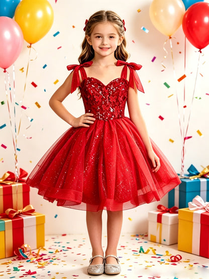 Girls Red Sequin Flower Girl Dress with Bow Straps