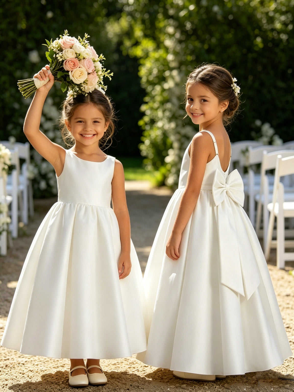 Girls White Satin Flower Girl Dress Sleeveless A-Line Ball Gown with Bow Back for Wedding and Formal Occasions