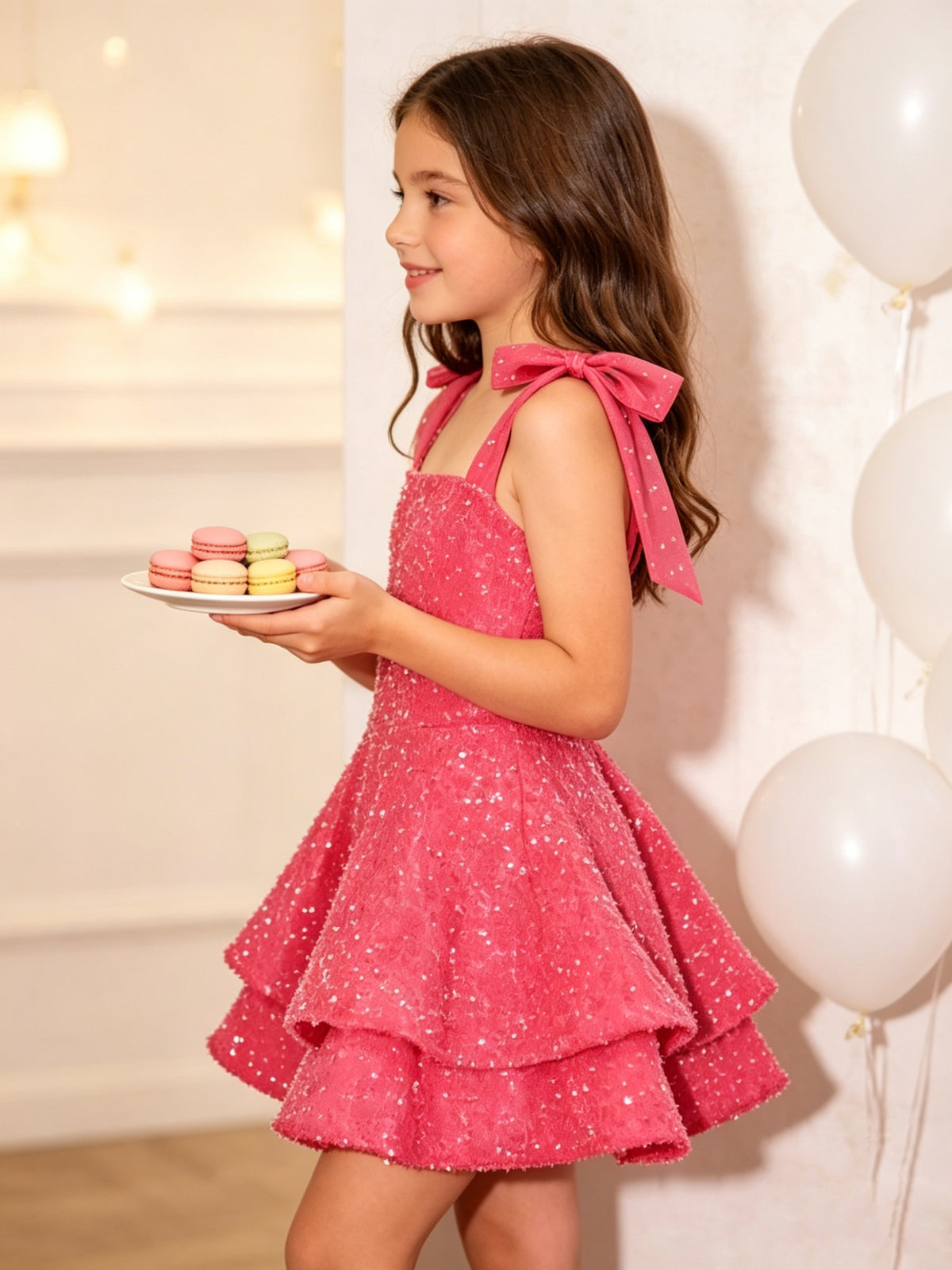 Girls Pink Sequin Flower Girl Dress with Bow Straps
