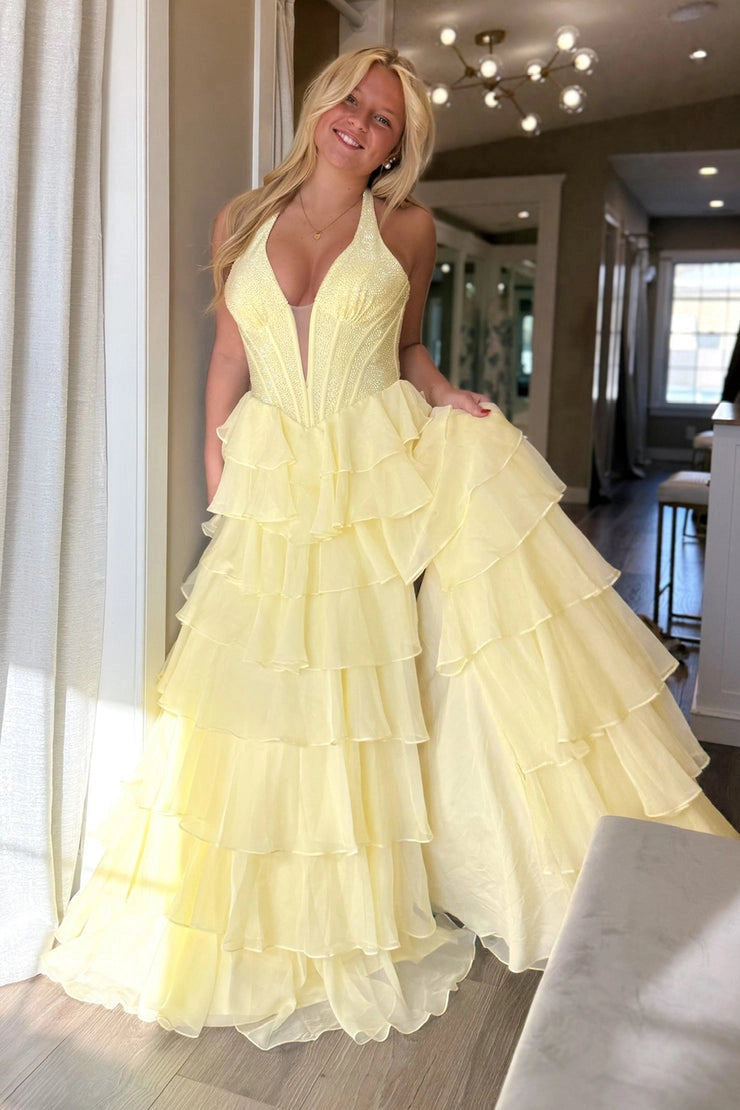 A Line V Neck Chiffon Halter Daffodil Tiered Prom Dresses