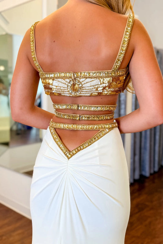 Gorgeous White Mermaid Straps Satin Long Prom Dresses