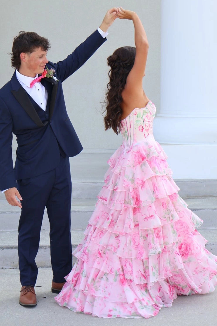 Chiffon A Line Sweetheart Pink Floral Prom Dresses