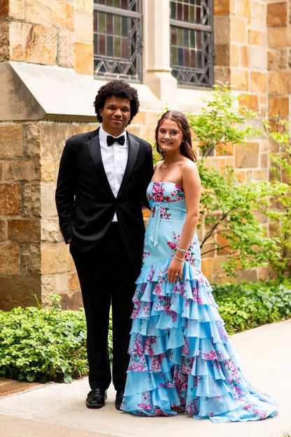 Mermaid Strapless Blue Floral Chiffon Tiered Prom Dresses