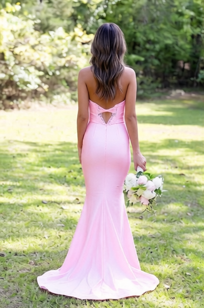 Mermaid Pink Satin Long Sweetheart Prom Dresses