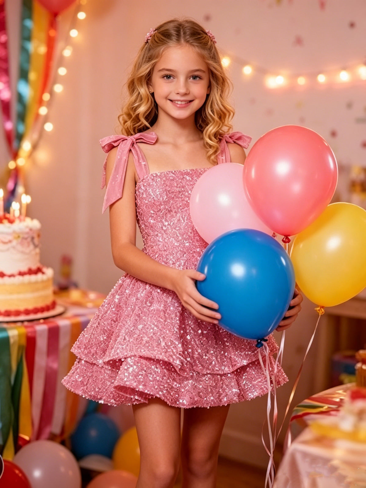 Girls Pink Sequin Flower Girl Dress with Bow Straps