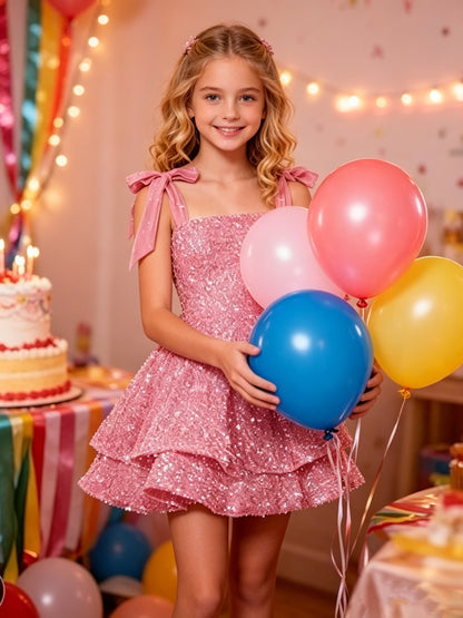 Girls Pink Sequin Flower Girl Dress with Bow Straps