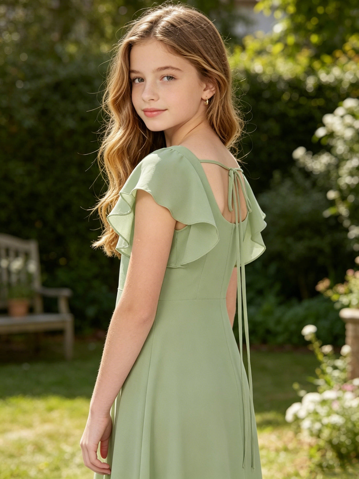 Girls Sage Green Chiffon Flower Girl Dress