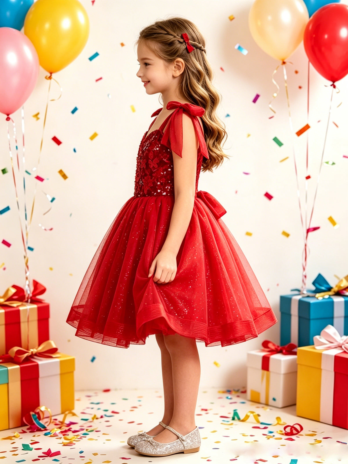 Girls Red Sequin Flower Girl Dress with Bow Straps
