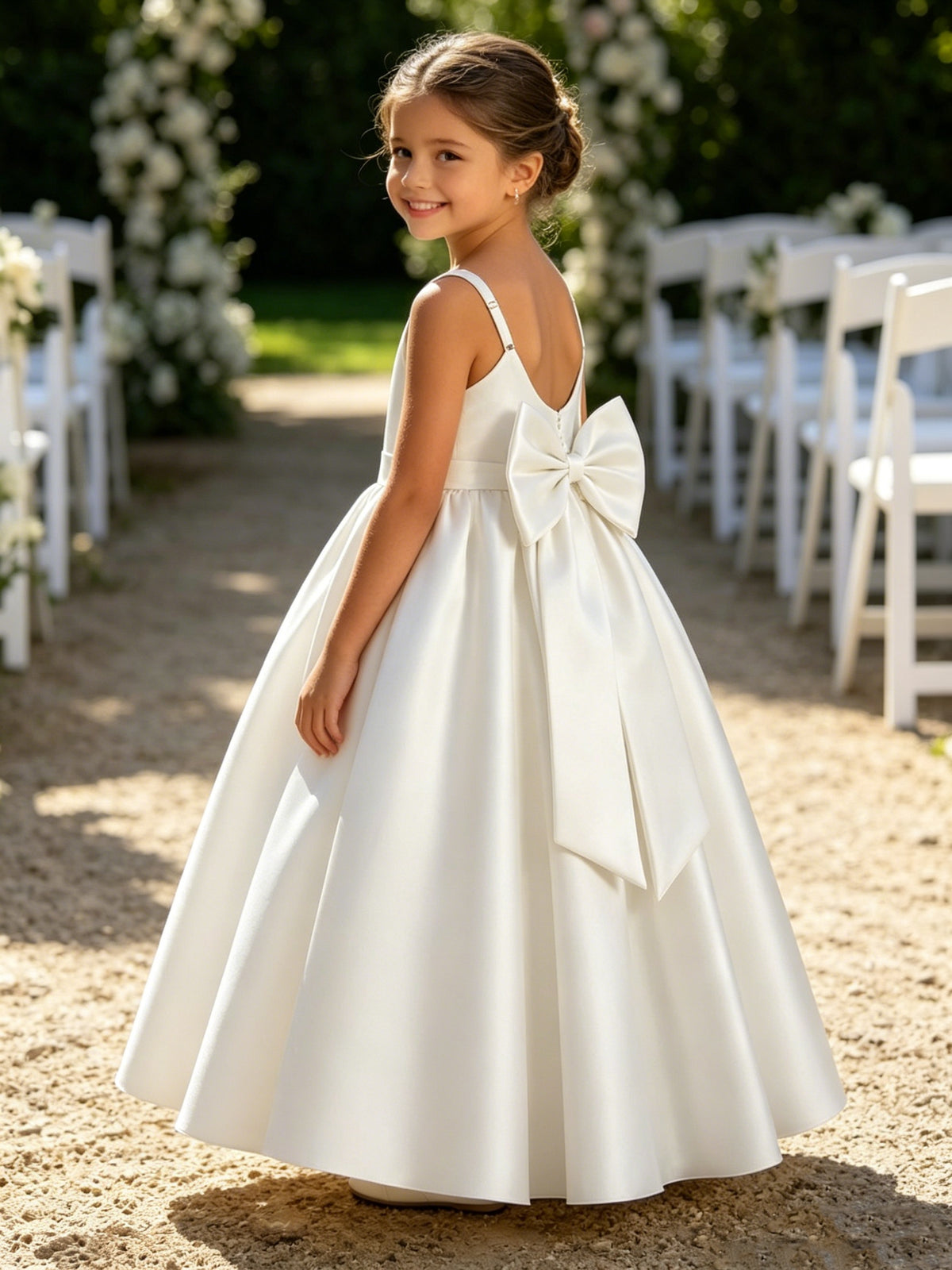 Girls White Satin Flower Girl Dress Sleeveless A-Line Ball Gown with Bow Back for Wedding and Formal Occasions