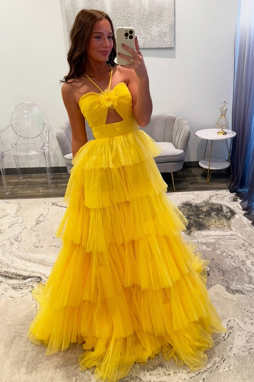 A Line Straps Yellow Tulle Prom Dresses