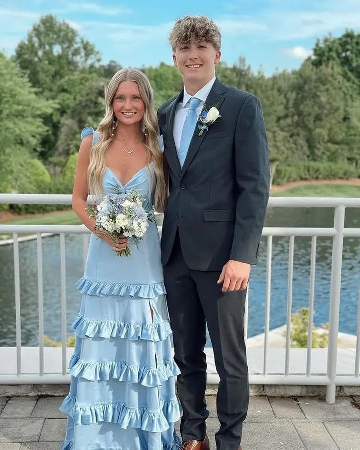 A Line V Neck Blue Satin Tiered Prom Dresses