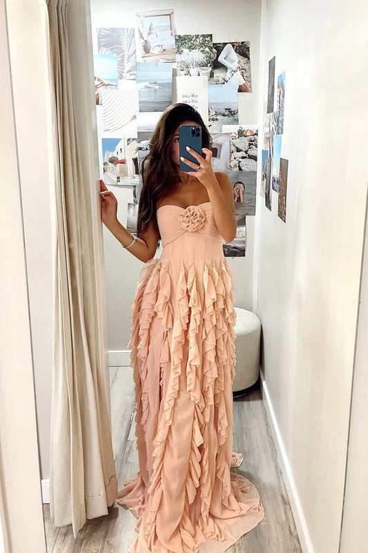 Sweetheart A Line Blush Pink Chiffon Long Prom Dresses
