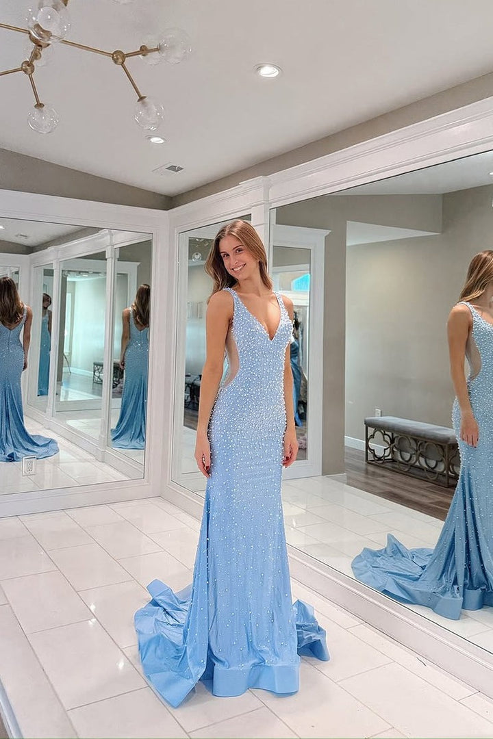 Mermaid V Neck Blue Satin Long Prom Dresses