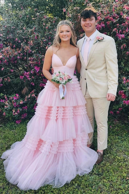 A Line Light Pink Tulle Long V Neck Prom Dresses