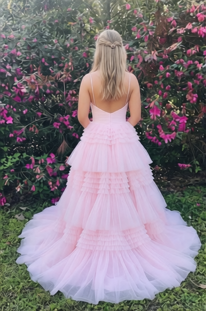 A Line Light Pink Tulle Long V Neck Prom Dresses