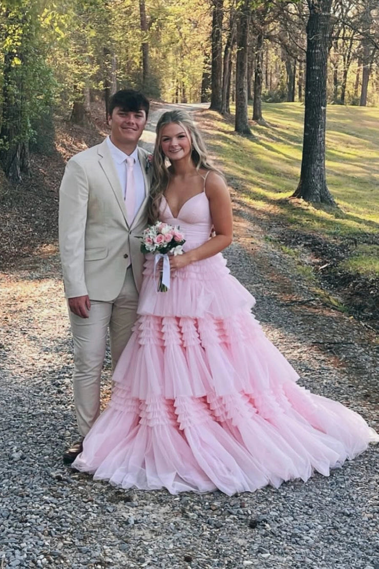 A Line Light Pink Tulle Long V Neck Prom Dresses