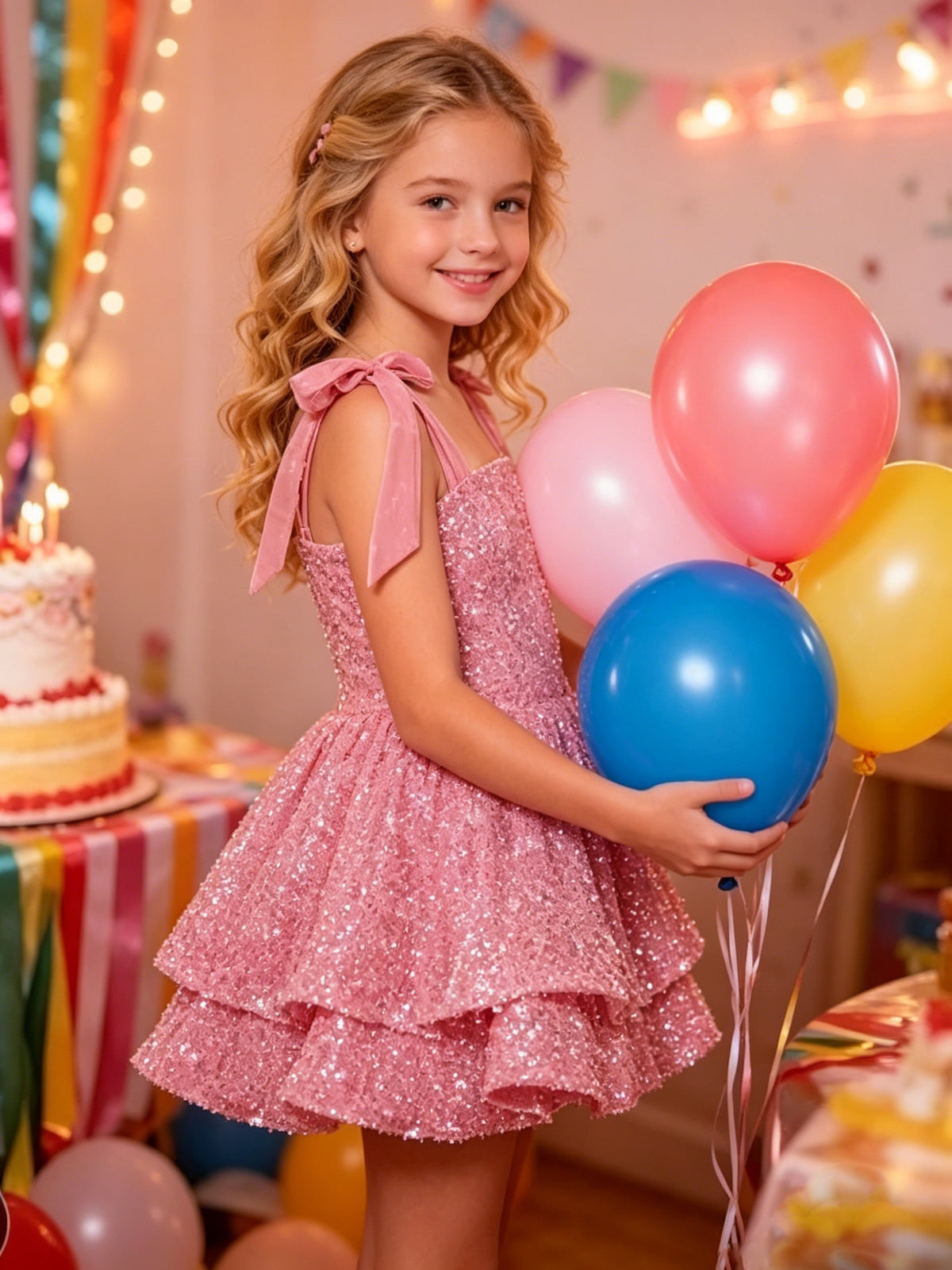 Girls Pink Sequin Flower Girl Dress with Bow Straps