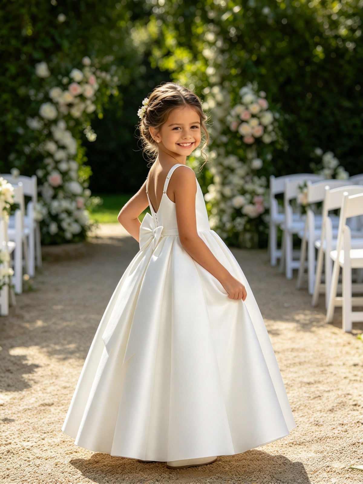 Girls White Satin Flower Girl Dress Sleeveless A-Line Ball Gown with Bow Back for Wedding and Formal Occasions