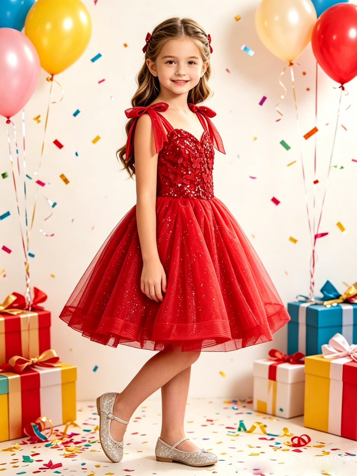 Girls Red Sequin Flower Girl Dress with Bow Straps