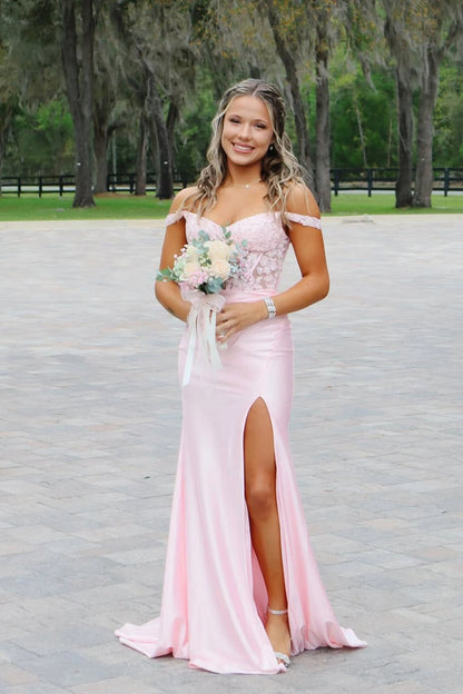 Stunning Light Pink Mermaid Off the Shoulder Satin Prom Dresses