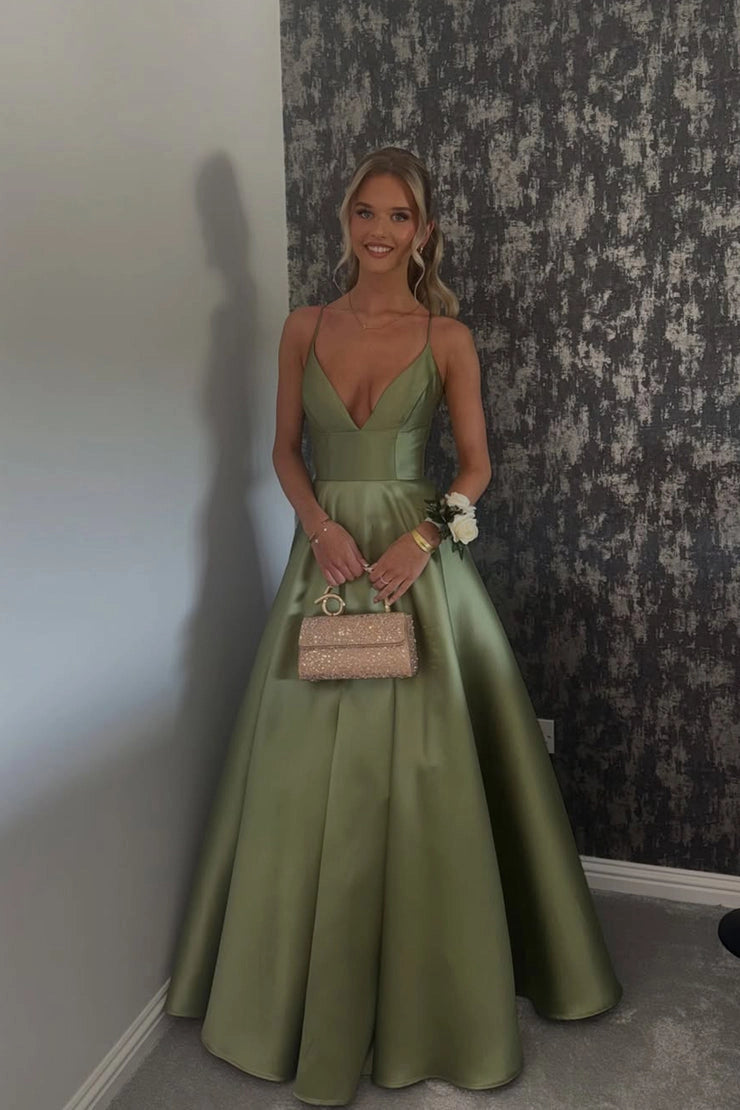 A Line Staps Green Satin V Neck Prom Dresses with Pockets